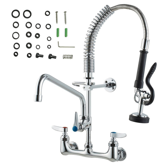 VEVOR Commercial Faucet with Pre - Rinse Sprayer, 21" Height, 8" Center, 12" Swing Spout, Wall Mount Kitchen Sink Faucet, Brass Constructed Device with Pull Down Spray, for 1/2/3 Compartment Sink - RnR Galore