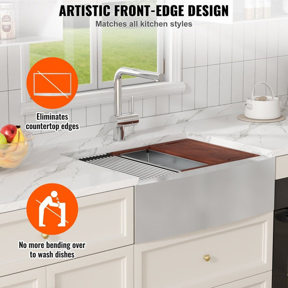 VEVOR 30 inch Stainless Steel Farmhouse Kitchen Sink with Single Bowl, Ledge & Accessories - RnR Galore
