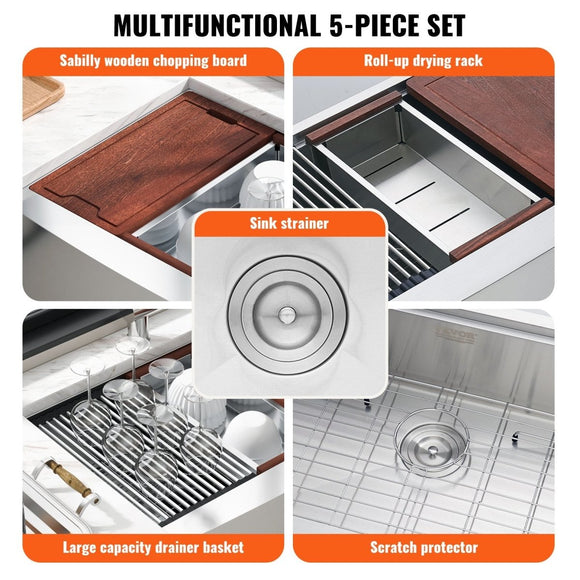 VEVOR 30 inch Stainless Steel Farmhouse Kitchen Sink with Single Bowl, Ledge & Accessories - RnR Galore
