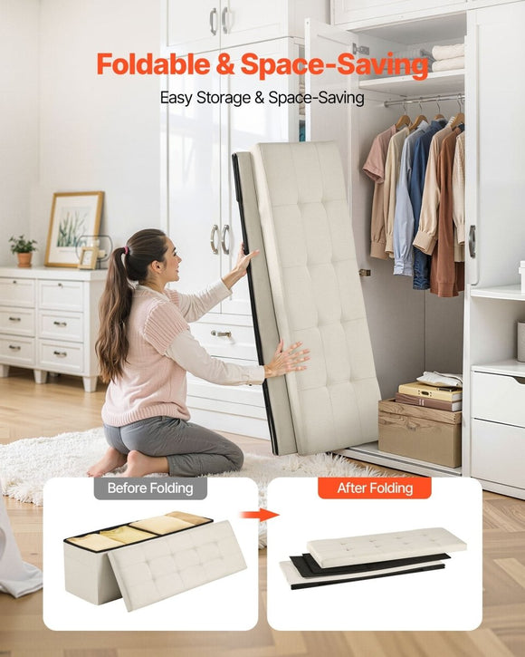 VEVOR Foldable Storage Ottoman Bench, End of Bed Bench with Side Bags, Folding Upholstered Storage Chest Supports 660 lbs, Linen Bed Ottoman with Large Space for Living Room, Bedroom, Entryway, Beige - RnR Galore