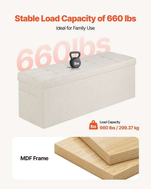 VEVOR Foldable Storage Ottoman Bench, End of Bed Bench with Side Bags, Folding Upholstered Storage Chest Supports 660 lbs, Linen Bed Ottoman with Large Space for Living Room, Bedroom, Entryway, Beige - RnR Galore