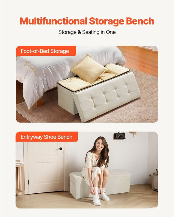 VEVOR Foldable Storage Ottoman Bench, End of Bed Bench with Side Bags, Folding Upholstered Storage Chest Supports 660 lbs, Linen Bed Ottoman with Large Space for Living Room, Bedroom, Entryway, Beige - RnR Galore