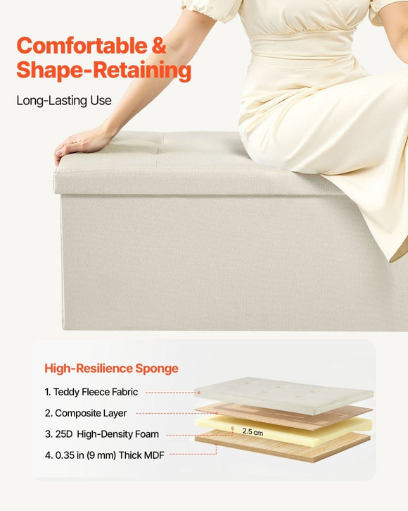 VEVOR Foldable Storage Ottoman Bench, End of Bed Bench with Side Bags, Folding Upholstered Storage Chest Supports 660 lbs, Linen Bed Ottoman with Large Space for Living Room, Bedroom, Entryway, Beige - RnR Galore