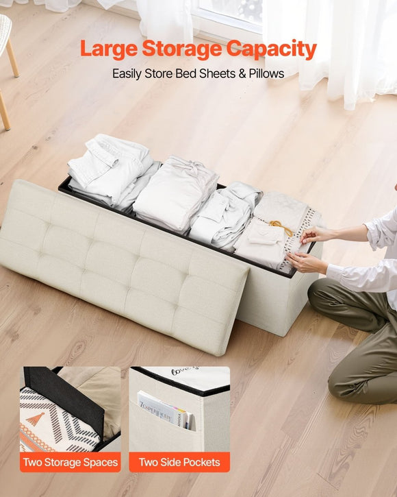 VEVOR Foldable Storage Ottoman Bench, End of Bed Bench with Side Bags, Folding Upholstered Storage Chest Supports 660 lbs, Linen Bed Ottoman with Large Space for Living Room, Bedroom, Entryway, Beige - RnR Galore