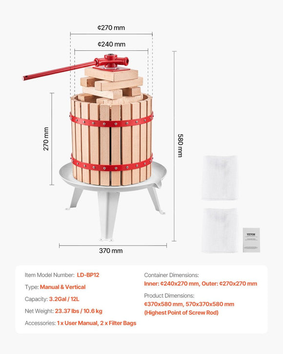 VEVOR Fruit Wine Press Manual Press for Wine Making 3.2 Gal/12L Wood Basket - RnR Galore