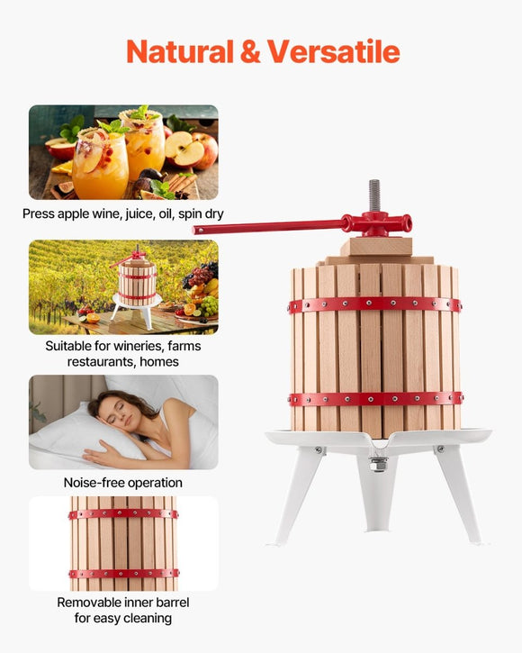 VEVOR Fruit Wine Press Manual Press for Wine Making 3.2 Gal/12L Wood Basket - RnR Galore