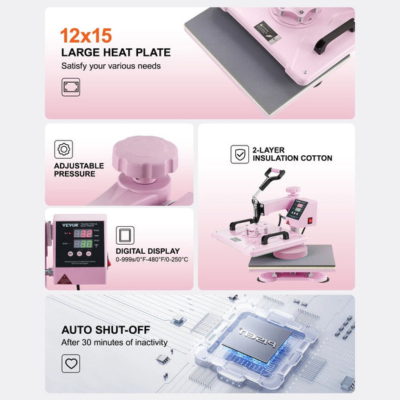 VEVOR Heat Press Machine 12x15 in 5 in 1 with 30oz Tumbler Press T-Shirts Pink - RnR Galore
