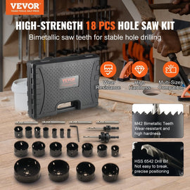 VEVOR Hole Saw Kit, 18 PCS Saw Blades, 6 Drill Bits, 1 Hex Wrench, Bi Metal M42 Hole Saw Set with Carrying Case, General Purpose Size from 3/4" to 4 - 1/2", Ideal for Wood Board, Iron and Plastic Plate - RnR Galore