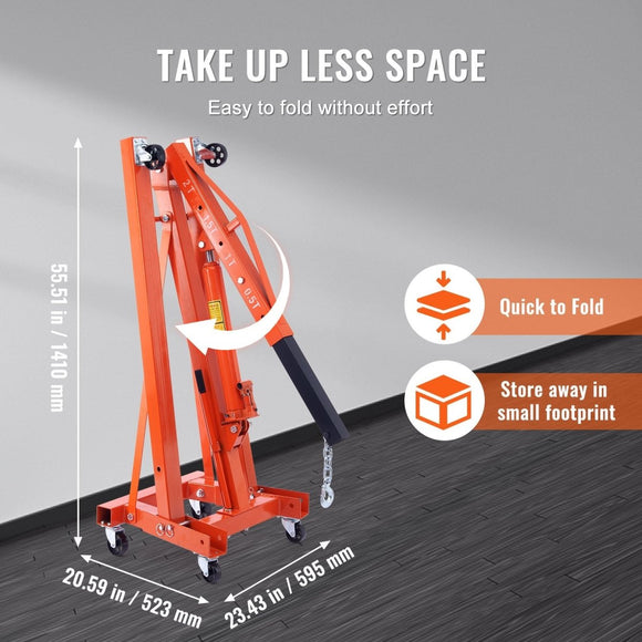 VEVOR Hydraulic Engine Hoist with Lever, 2000KG Heavy - duty Cherry Picker Shop Crane, Foldable Engine Crane and Engine Hoist leveler for Auto Repair, Motors, Weights Lifting, Loading - RnR Galore