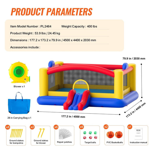 VEVOR Inflatable Bounce House, Outdoor High Quality Playhouse Trampoline, Jumping Bouncer with Blower, Slide, and Storage Bag, Family Backyard Bouncy Castle, for Kid Ages 3_10 Years, 4.5x4.4x2m - RnR Galore