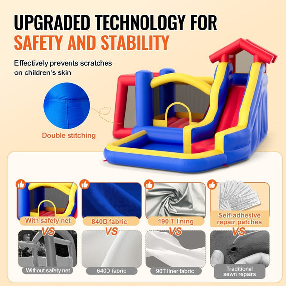 VEVOR Inflatable Bounce House, Outdoor High Quality Playhouse Trampoline, Jumping Bouncer with Blower, Slide, and Storage Bag, Family Backyard Bouncy Castle, for Kid Ages 3_8 Years, 3.3x3x2.3m - RnR Galore