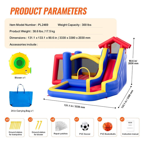 VEVOR Inflatable Bounce House, Outdoor High Quality Playhouse Trampoline, Jumping Bouncer with Blower, Slide, and Storage Bag, Family Backyard Bouncy Castle, for Kid Ages 3_8 Years, 3.3x3x2.3m - RnR Galore