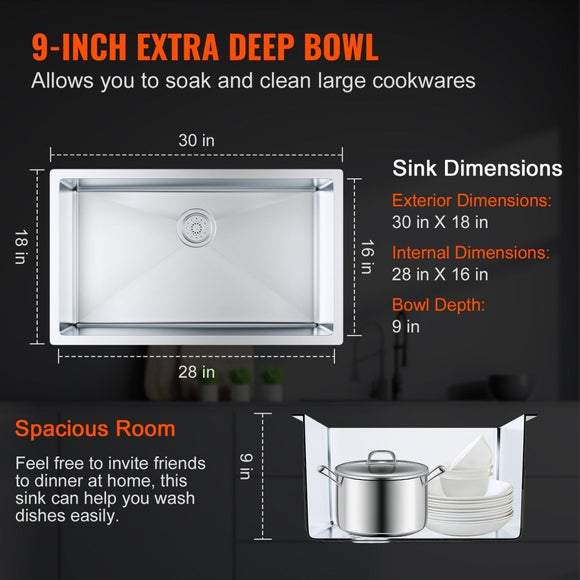 VEVOR Kitchen Sink, 304 Stainless Steel Drop - In Sinks, Undermount Single Bowl Basin with Accessories(Pack of 3), Household Dishwasher Sinks for Workstation, RV, Prep Kitchen, and Bar Sink, 30 inch - RnR Galore