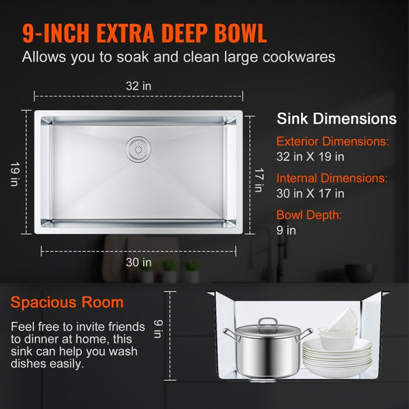 VEVOR Kitchen Sink, 304 Stainless Steel Drop - In Sinks, Undermount Single Bowl Basin with Accessories(Pack of 3), Household Dishwasher Sinks for Workstation, RV, Prep Kitchen, and Bar Sink, 32 inch - RnR Galore