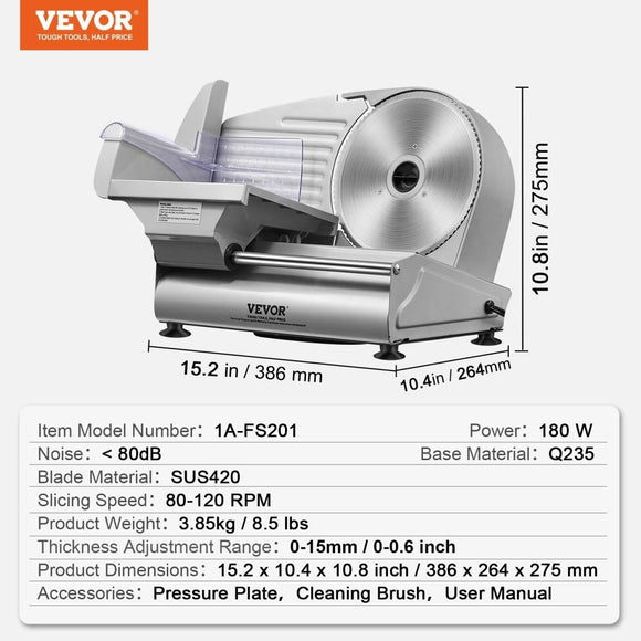 VEVOR Meat Slicer, 180W Electric Deli Food Slicer with 7.5" SUS420 Stainless Steel Blade and Blade Guard, 0 - 0.6 inch Adjustable Thickness for Home Use, Easy to Clean, Cut Meat, Bread, Ham and Cheese - RnR Galore