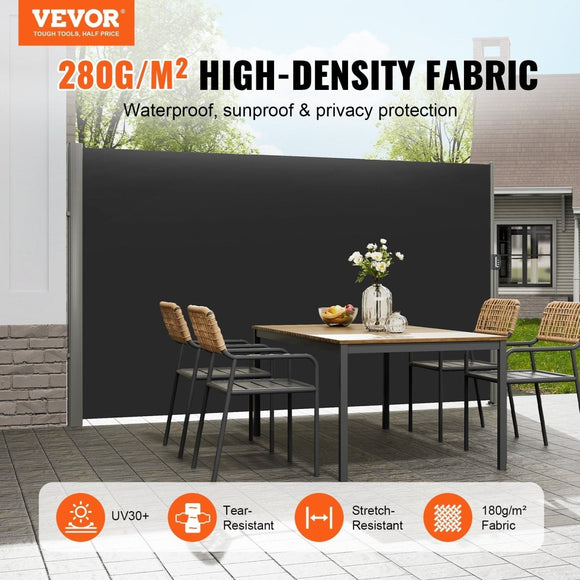 VEVOR Retractable Side Awning, 160X300cm Aluminum Outdoor Privacy Screen, 280g Polyester Water - proof Retractable Patio Screen, UV 30+ Room Divider Wind Screen for Patio, Backyard, Balcony, Black - RnR Galore
