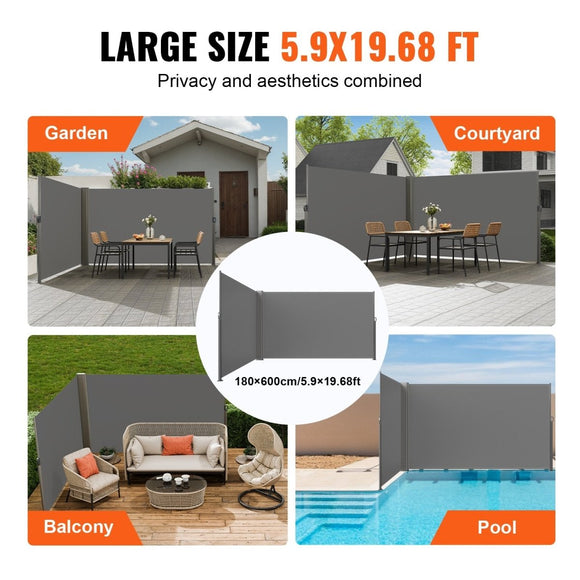 VEVOR Retractable Side Awning, 180X600cm Aluminum Outdoor Privacy Screen, 280g Polyester Water - proof Retractable Patio Screen, UV 30+ Room Divider Wind Screen for Patio, Backyard, Balcony, Gray - RnR Galore
