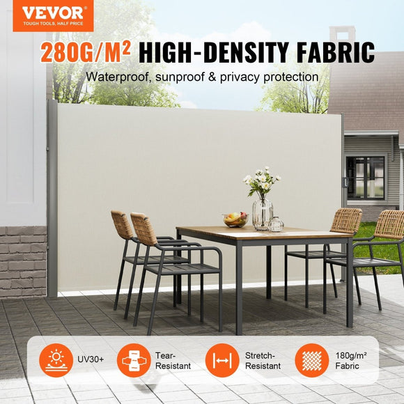 VEVOR Retractable Side Awning,160X300cm Aluminum Outdoor Privacy Screen, 280g Polyester Water - proof Retractable Patio Screen, UV 30+ Room Divider Wind Screen for Patio, Backyard, Balcony, Beige - RnR Galore