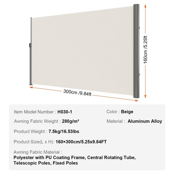 VEVOR Retractable Side Awning,160X300cm Aluminum Outdoor Privacy Screen, 280g Polyester Water - proof Retractable Patio Screen, UV 30+ Room Divider Wind Screen for Patio, Backyard, Balcony, Beige - RnR Galore