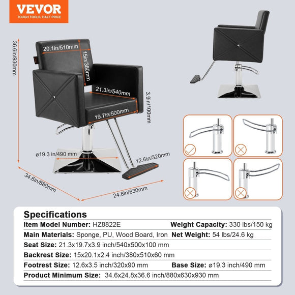 VEVOR Salon Chair, Barber Chair for Hair Stylist, Styling Chair with Heavy Duty Hydraulic Pump, Swivel Hair Salon Chair with Footrest for Beauty Spa Shampoo, Max Load Weight 330 lbs, Black - RnR Galore
