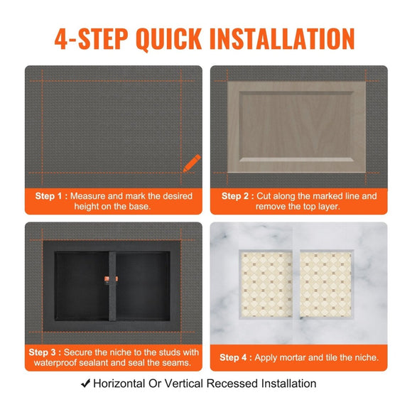VEVOR Shower Niche Ready for Tile 40.64 x 60.96 cm, 16 x 24 inch Double Shelf Organizer, Square Corners Wall - inserted Niche Recessed, Sealed Protection Modern Soap Storage Niche for Shower Bathroom, Black - RnR Galore