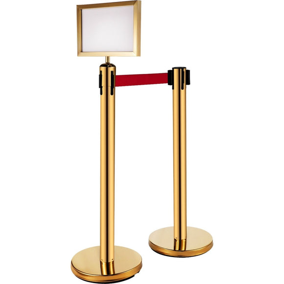 VEVOR Stanchion Post Barriers 6 - Set Line Dividers, Stainless Steel Stanchions with 6.6 Red Retractable Belts, Stanchions with One Sign Frame, 34.6 Queue Safety Stanchions (Gold) - RnR Galore