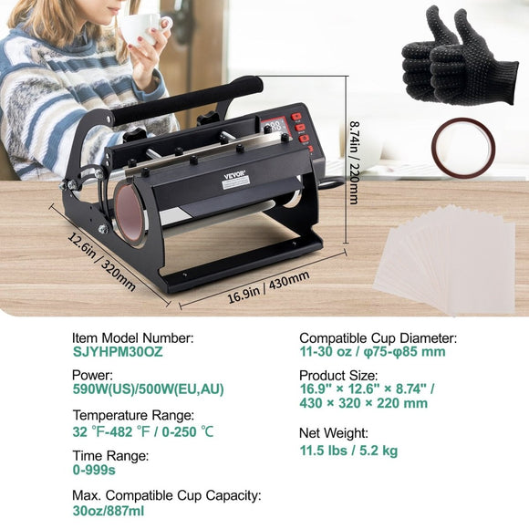 VEVOR Tumbler Heat Press Machine 11 - 30oz Mug Press Sublimation Tumblers Black - RnR Galore