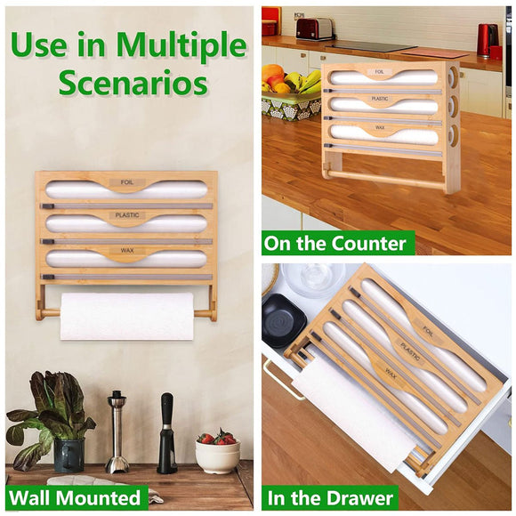 Wall Mounted Plastic Wrap Cutter Bamboo Multi Cell Kitchen Storage Box Organizer - RnR Galore