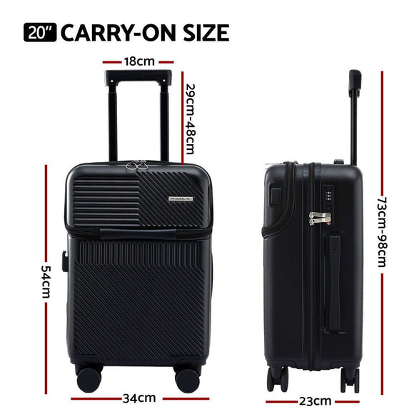 Wanderlite 20" Luggage Suitcase Front Pocket Travel Carry On TSA Black - RnR Galore