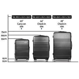 Wanderlite 3pc Luggage Trolley Set Suitcase Travel TSA Carry On Hard Case Lightweight Black - RnR Galore