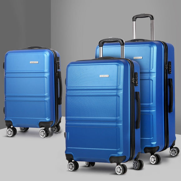 Wanderlite 3pc Luggage Trolley Set Suitcase Travel TSA Carry On Hard Case Lightweight Blue - RnR Galore