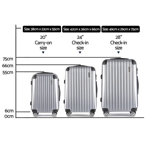 Wanderlite 3pc Luggage Trolley Travel Set Suitcase Carry On TSA Lock Hard Case Lightweight Silver - RnR Galore