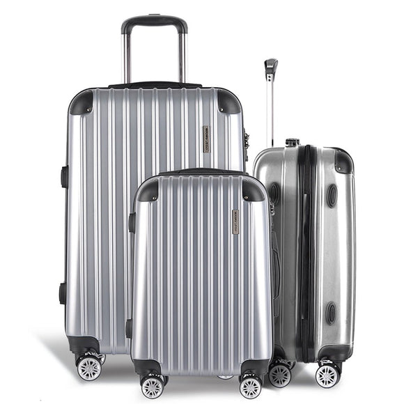 Wanderlite 3pc Luggage Trolley Travel Set Suitcase Carry On TSA Lock Hard Case Lightweight Silver - RnR Galore