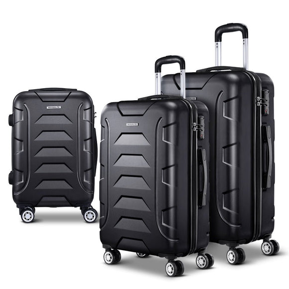 Wanderlite 3pc Luggage Trolley Travel Suitcase Set TSA Hard Case Lightweight Black - RnR Galore