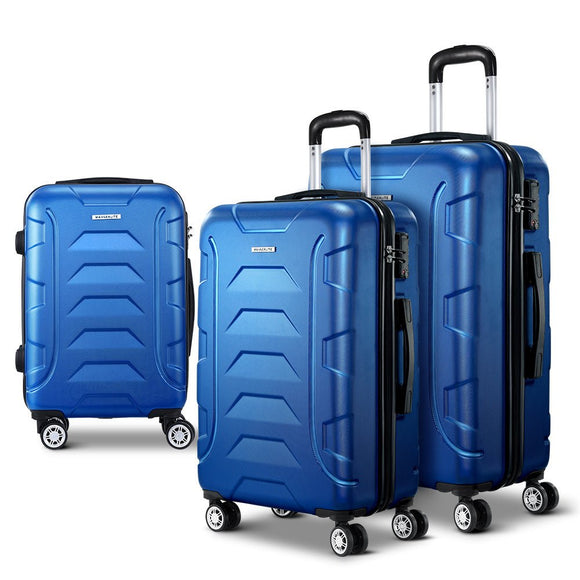 Wanderlite 3pc Luggage Trolley Travel Suitcase Set TSA Hard Shell Case Strap Blue - RnR Galore