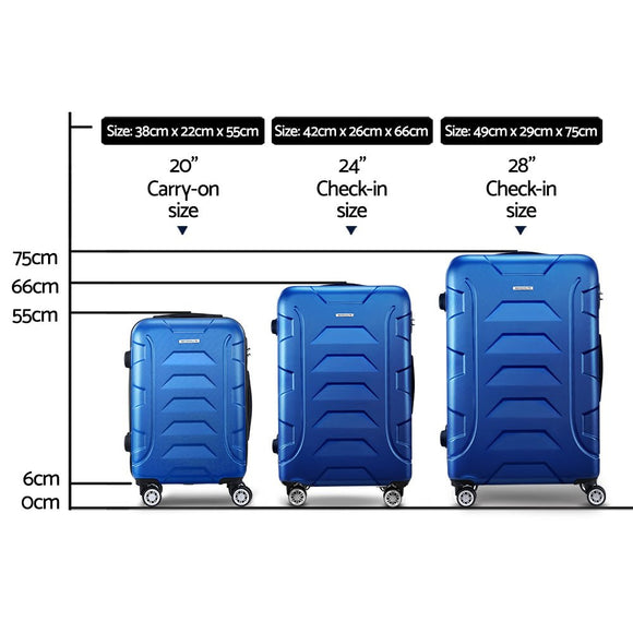 Wanderlite 3pc Luggage Trolley Travel Suitcase Set TSA Hard Shell Case Strap Blue - RnR Galore