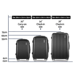 Wanderlite 3pcs LuggageTrolley Set Travel Suitcase Storage Organiser Carry On Hard Case TSA Lightweight Black - RnR Galore