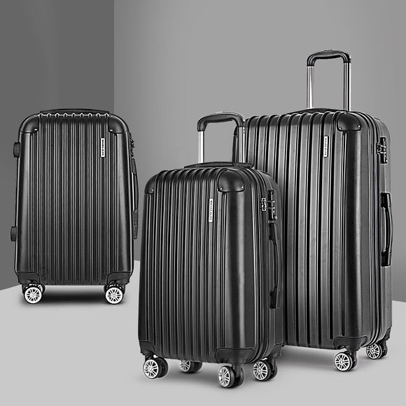 Wanderlite 3pcs LuggageTrolley Set Travel Suitcase Storage Organiser Carry On Hard Case TSA Lightweight Black - RnR Galore