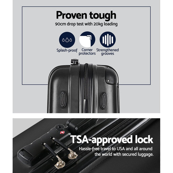Wanderlite 3pcs LuggageTrolley Set Travel Suitcase Storage Organiser Carry On Hard Case TSA Lightweight Black - RnR Galore
