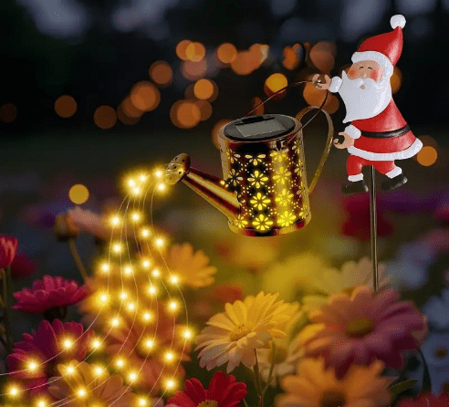 Warm white light Solar Powered Christmas Garden Stake - Metal Santa with Watering Can & LED Waterfall - 82cm Outdoor Yard Decoration - RnR Galore