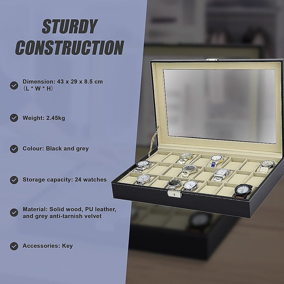 Watch Box - 24 Slot Luxury Display Case With Framed Glass Lid - RnR Galore