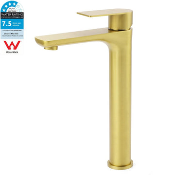 WELS Brushed Gold Round Tall Basin Mixer Bathroom Vanity Faucet Tap Lever Handle - RnR Galore