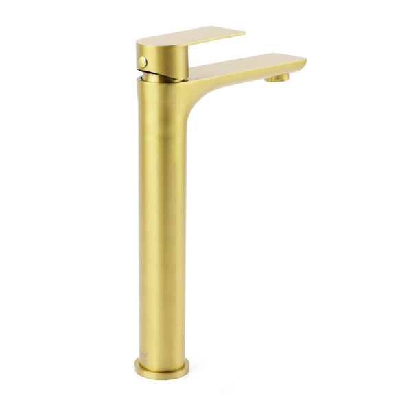 WELS Brushed Gold Round Tall Basin Mixer Bathroom Vanity Faucet Tap Lever Handle - RnR Galore