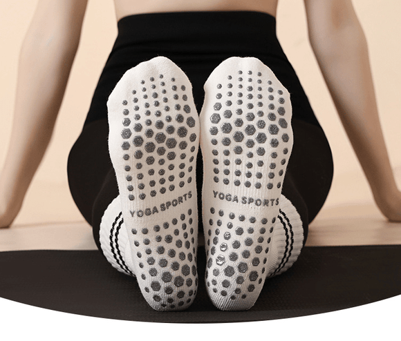 White (3 - Pack) Unisex Striped Non - Slip Grip Socks - Cotton Crew Socks for Yoga, Pilates & Home Workouts - RnR Galore