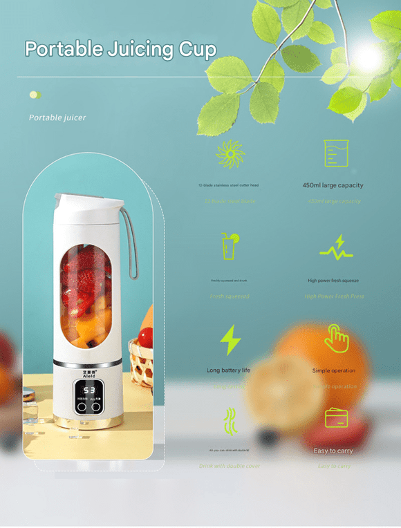 White 7.4V Portable Blender Smoothie Maker 450ml Wireless Rechargeable Juicer Cup with 12 - Blade Stainless Steel Cutter, LED Digital Display, USB Charging Personal Blender for Travel Gym Office Home - RnR Galore