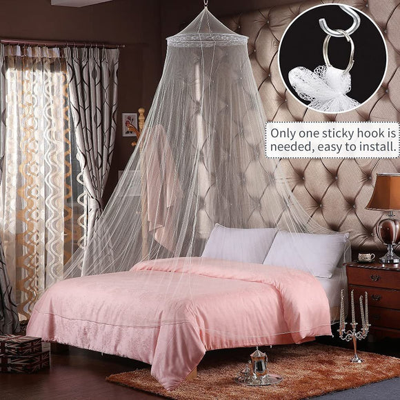 White Hanging Princess Bed Canopy Mosquito Net - Dome Bedding for Dorm Rooms & Bedrooms (Fits 1.5m - 1.8m Beds) - RnR Galore