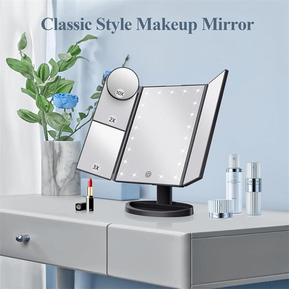 White LED Lighted Tri - Fold Vanity Mirror with 2X/3X/10X Magnification - RnR Galore