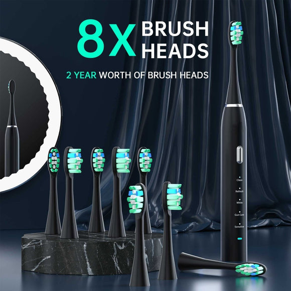 White Sonic Rechargeable Electric Toothbrush with 8 Heads & Travel Case - 5 Brushing Modes & Smart Timer(USB) - RnR Galore