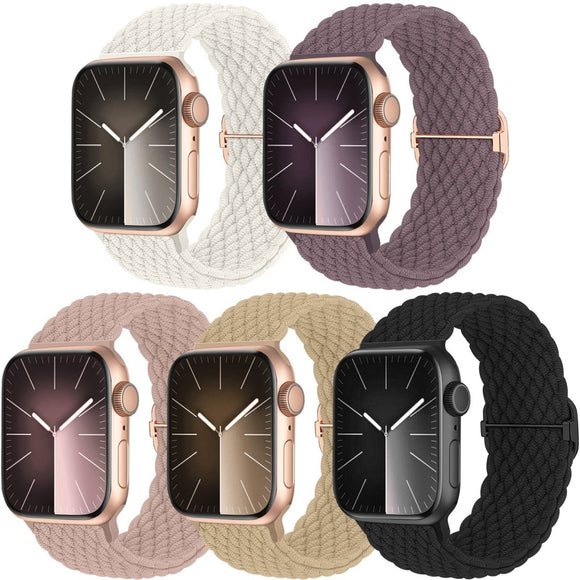 Woven Solo Loop Band Compatible with Apple Watch 38mm, 40mm, 41mm, 5 - Pack Adjustable Nylon Elastic Sport Band for Men and Women - RnR Galore