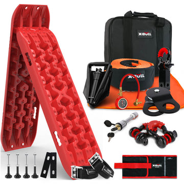X - BULL Winch Recovery Kit with Recovery Tracks Boards Gen 3.0 Mounting Pins Snatch Strap Off Road 4WD Red - RnR Galore